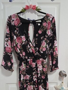 Everly Black Floral Wrap Dress with Pink Roses